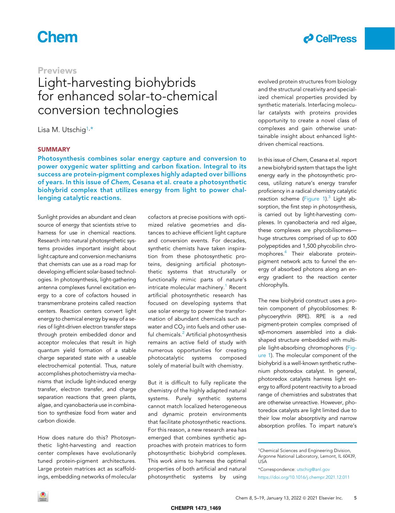 Light-harvesting biohybrids for enhanced solar-to-chemical conversion technologies by Lisa M. Utschig