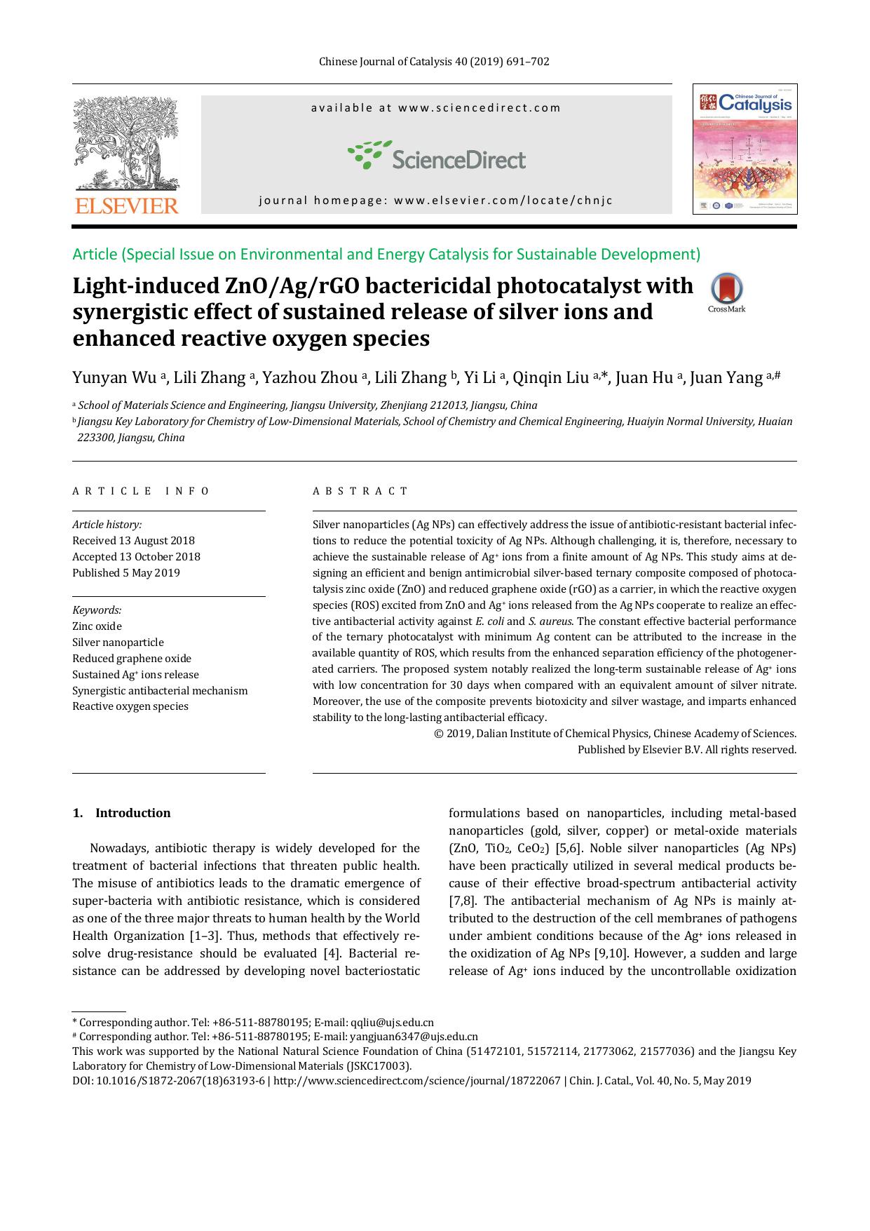 Light-induced ZnOAgrGO bactericidal photocatalyst with synergistic effect of sustained release of silver ions and enhanced reactive oxygen species by Yunyan Wu & Lili Zhang & Yazhou Zhou & Yi Li & Qinqin Liu & Juan Hu & Juan Yang