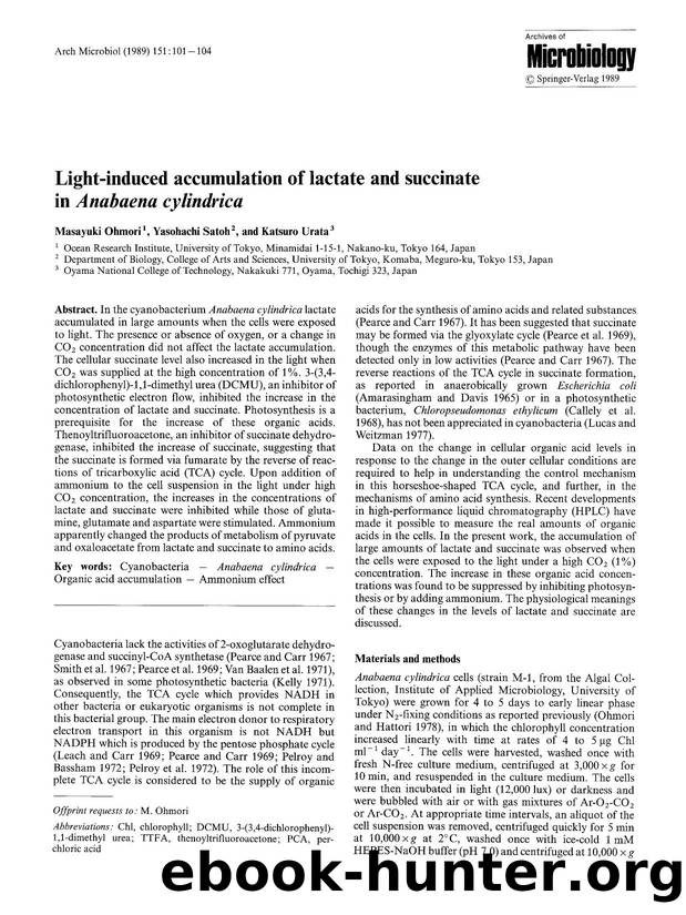 Light-induced accumulation of lactate and succinate in <Emphasis Type="Italic">Anabaena cylindrica<Emphasis> by Unknown