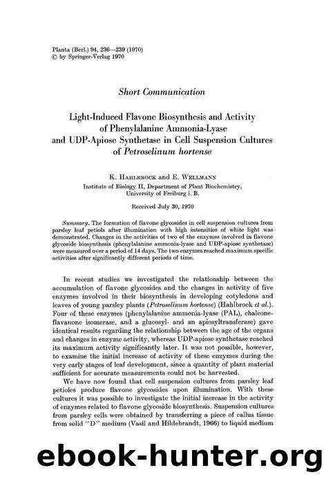 Light-induced flavone biosynthesis and activity of phenylalanine ammonia-lyase and UDP-apiose synthetase in cell suspension cultures of <Emphasis Type="Italic">Petroselinum hortense<Emphasis> by Unknown