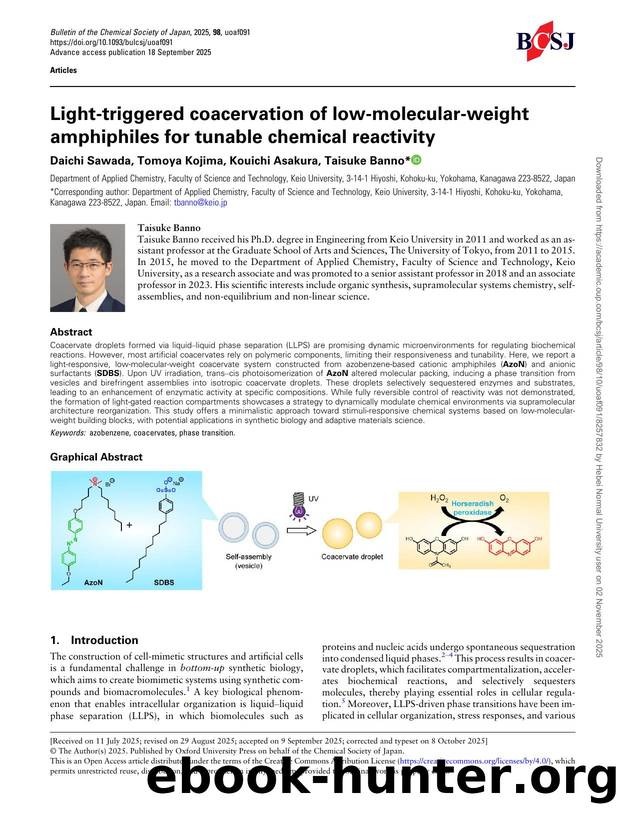 Light-triggered coacervation of low-molecular-weight amphiphiles for tunable chemical reactivity by Daichi Sawada & Tomoya Kojima & Kouichi Asakura & Taisuke Banno