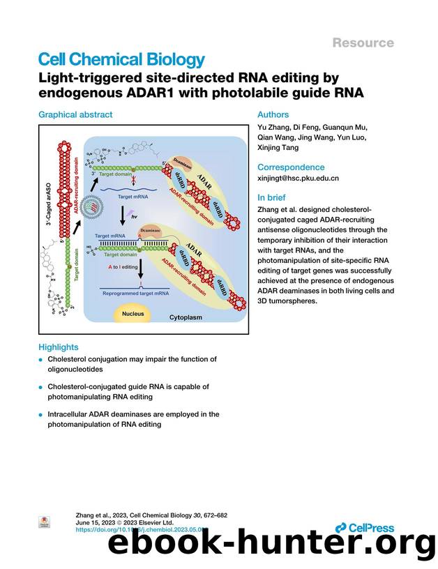 Light-triggered site-directed RNA editing by endogenous ADAR1 with photolabile guide RNA by Yu Zhang & Di Feng & Guanqun Mu & Qian Wang & Jing Wang & Yun Luo & Xinjing Tang