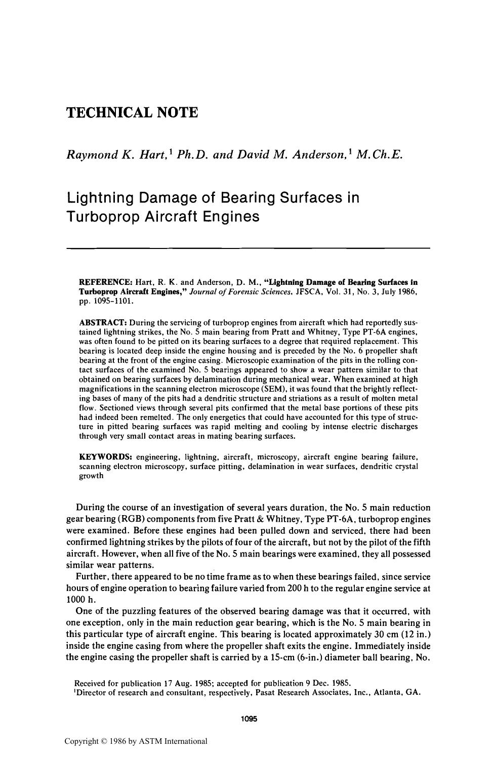 Lightning Damage of Bearing Surfaces in Turboprop Aircraft Engines by Hart RK Anderson DM
