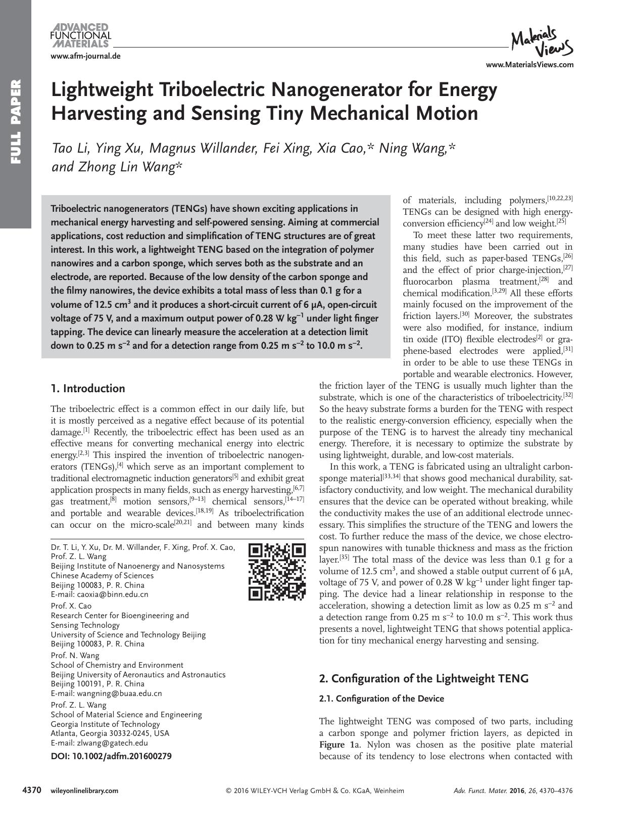 Lightweight Triboelectric Nanogenerator for Energy Harvesting and Sensing Tiny Mechanical Motion by Unknown
