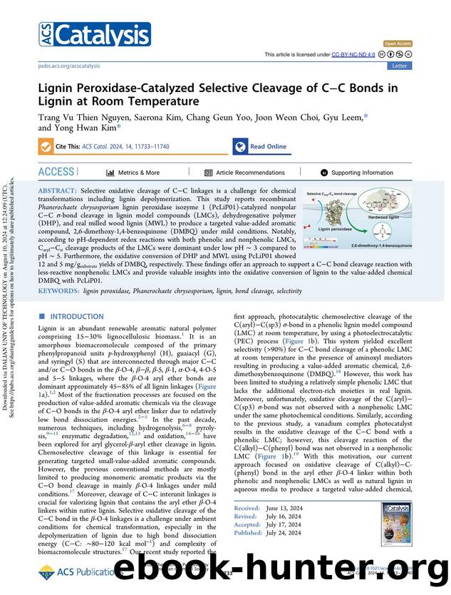 Lignin Peroxidase-Catalyzed Selective Cleavage of CâC Bonds in Lignin at Room Temperature by Trang Vu Thien Nguyen Saerona Kim Chang Geun Yoo Joon Weon Choi Gyu Leem & Yong Hwan Kim
