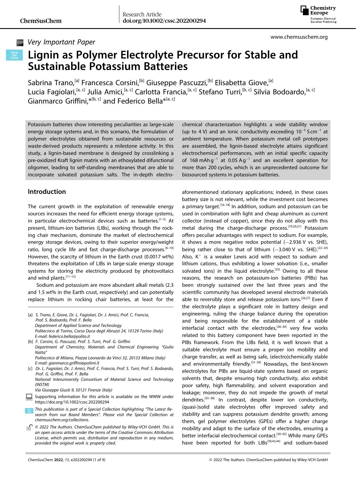 Lignin as Polymer Electrolyte Precursor for Stable and Sustainable Potassium Batteries by Unknown