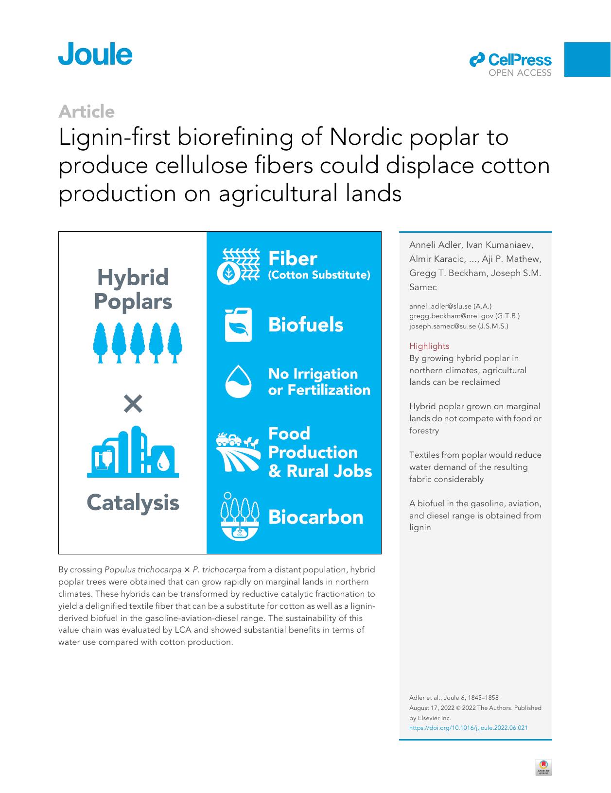 Lignin-first biorefining of Nordic poplar to produce cellulose fibers could displace cotton production on agricultural lands by unknow