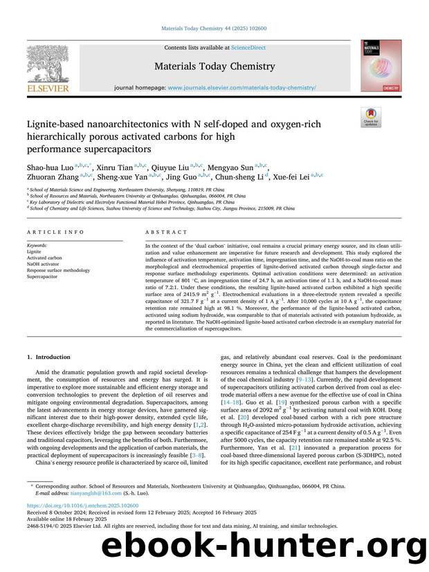 Lignite-based nanoarchitectonics with N self-doped and oxygen-rich hierarchically porous activated carbons for high performance supercapacitors by unknow