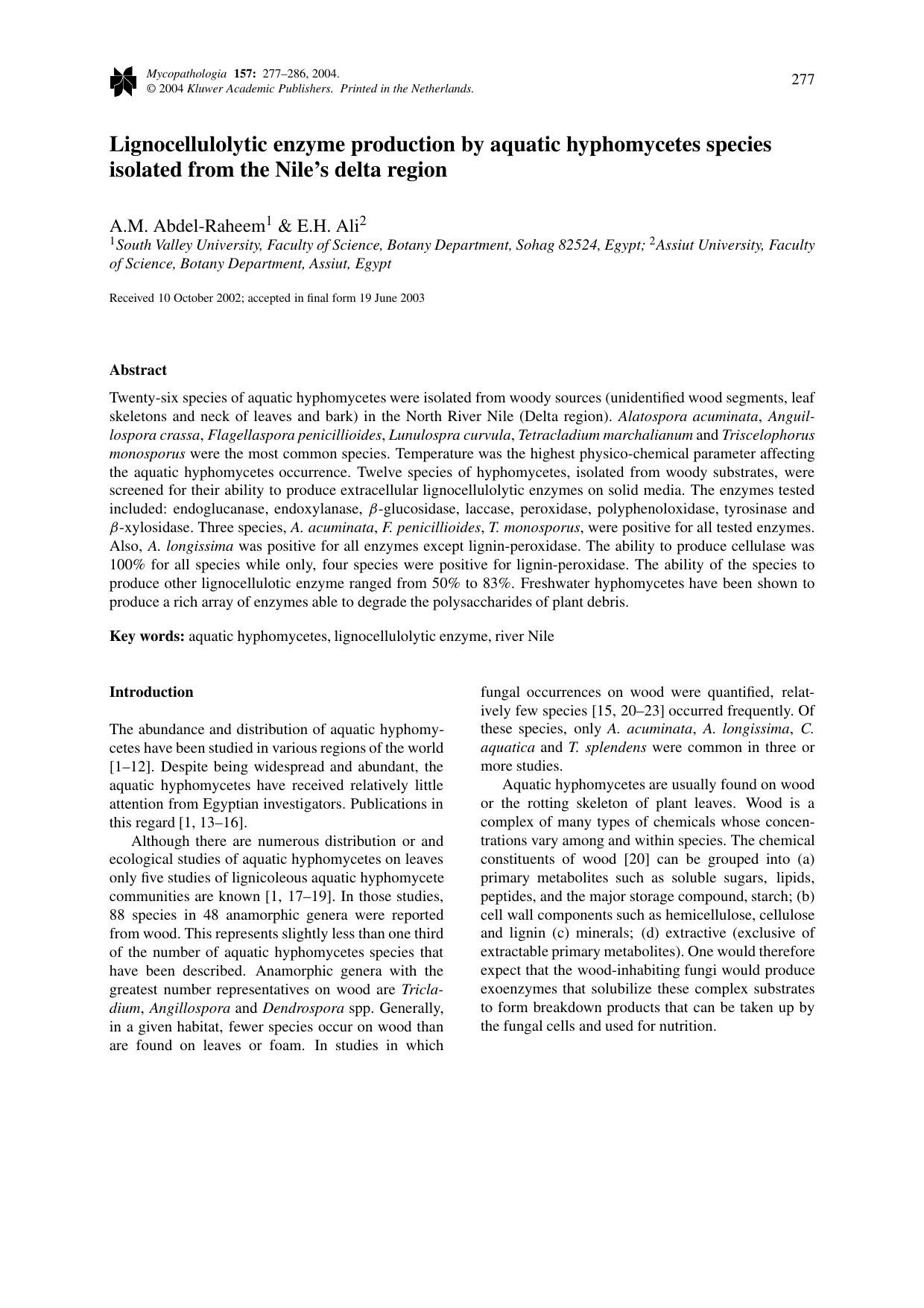 Lignocellulolytic Enzyme Production by Aquatic Hyphomycetes Species Isolated from the Nile's Delta Region by Unknown