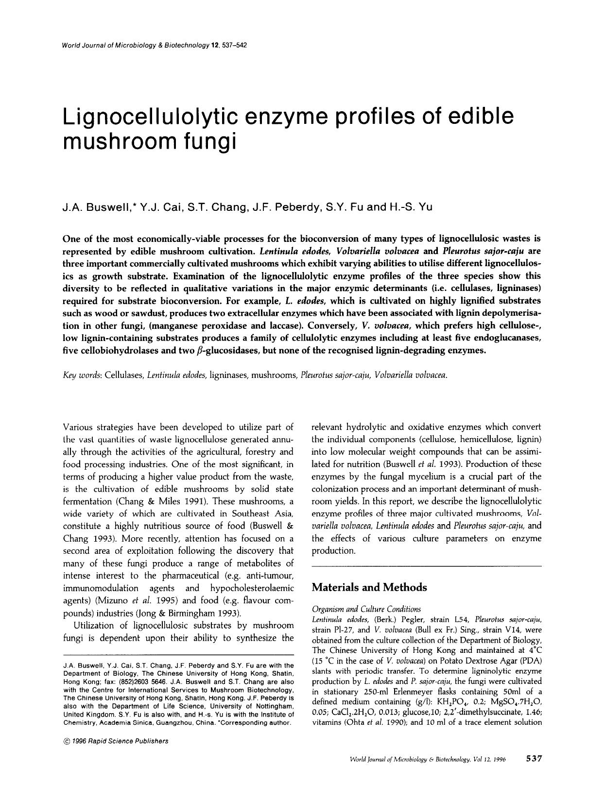 Lignocellulolytic enzyme profiles of edible mushroom fungi by Unknown