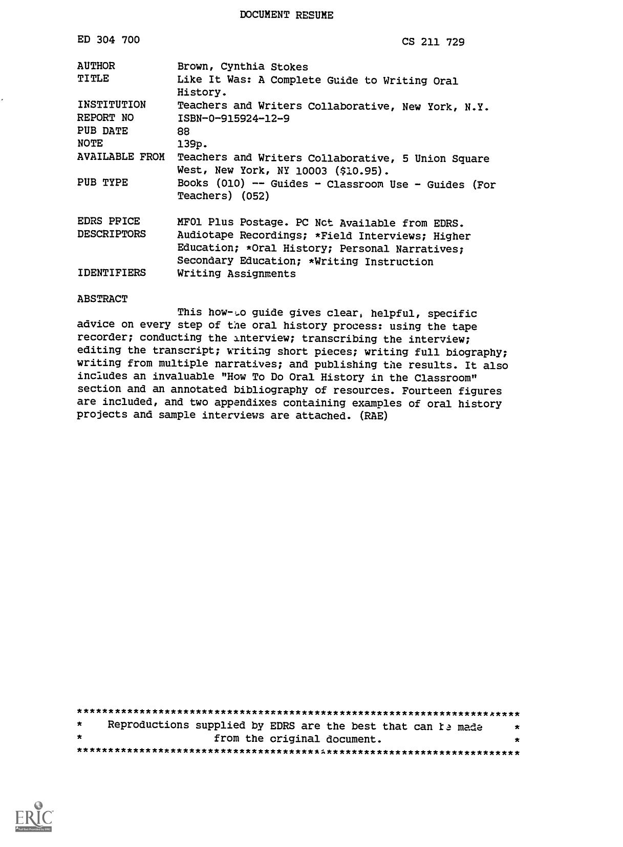 Like It Was: A Complete Guide to Writing Oral History by Unknow
