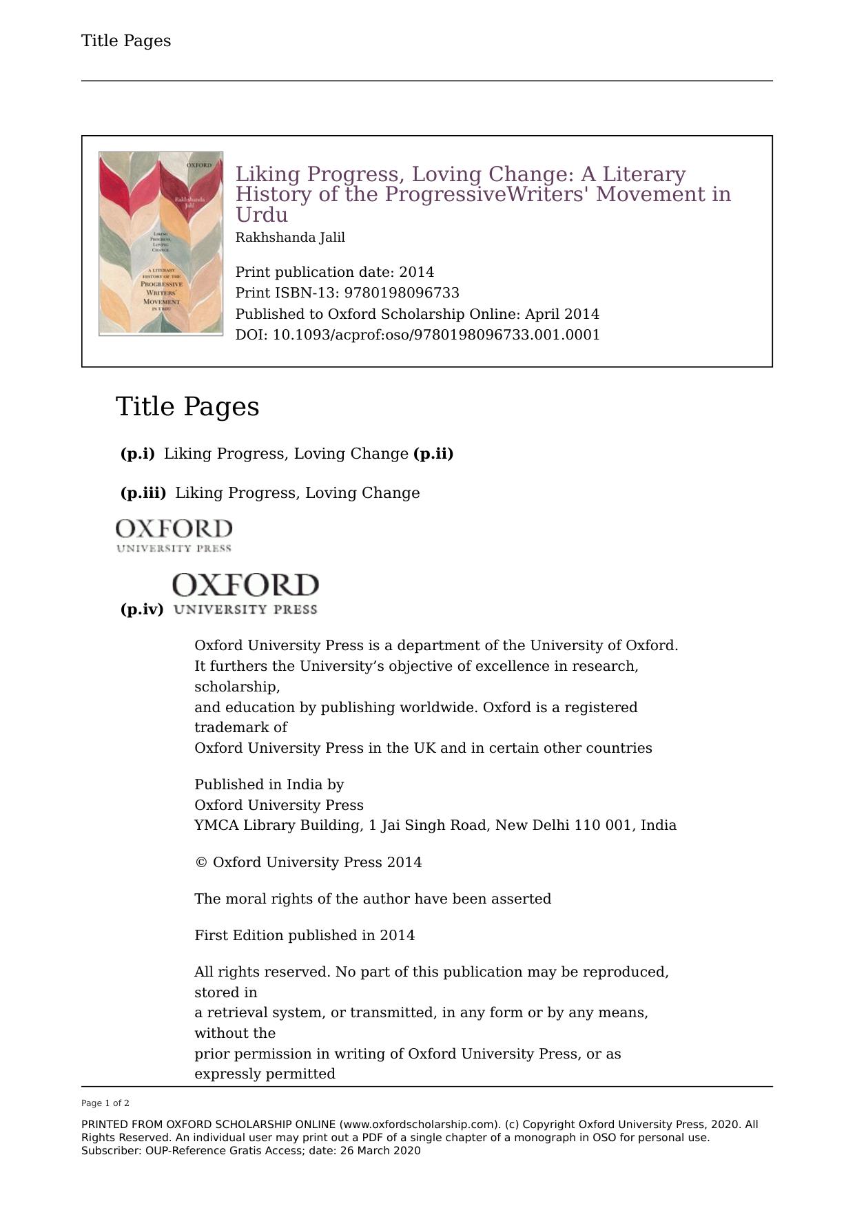Liking Progress, Loving Change: A Literary History of the Progressive Writers' Movement in Urdu by Rakhshanda Jalil
