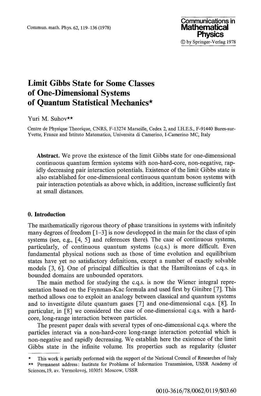 Limit Gibbs state for some classes of one-dimensional systems of quantum statistical mechanics by Unknown