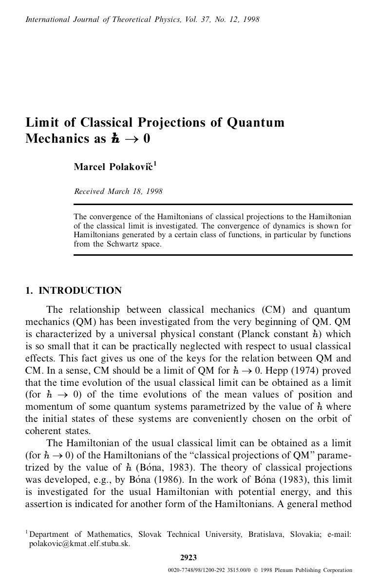 Limit of Classical Projections of Quantum Mechanics as &#x210F; &#x2192; 0 by Unknown