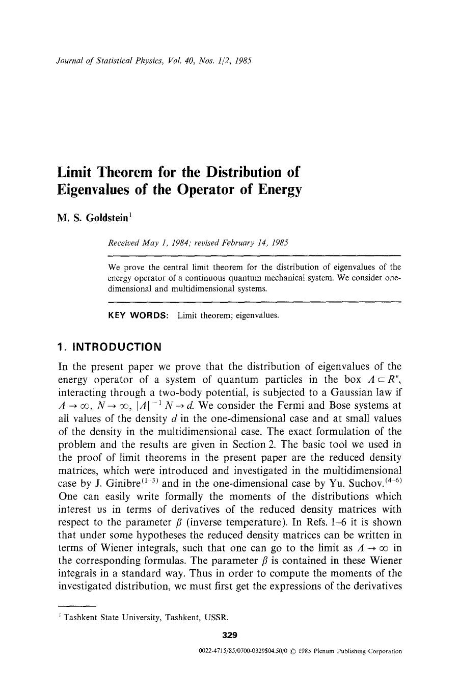 Limit theorem for the distribution of eigenvalues of the operator of energy by Unknown