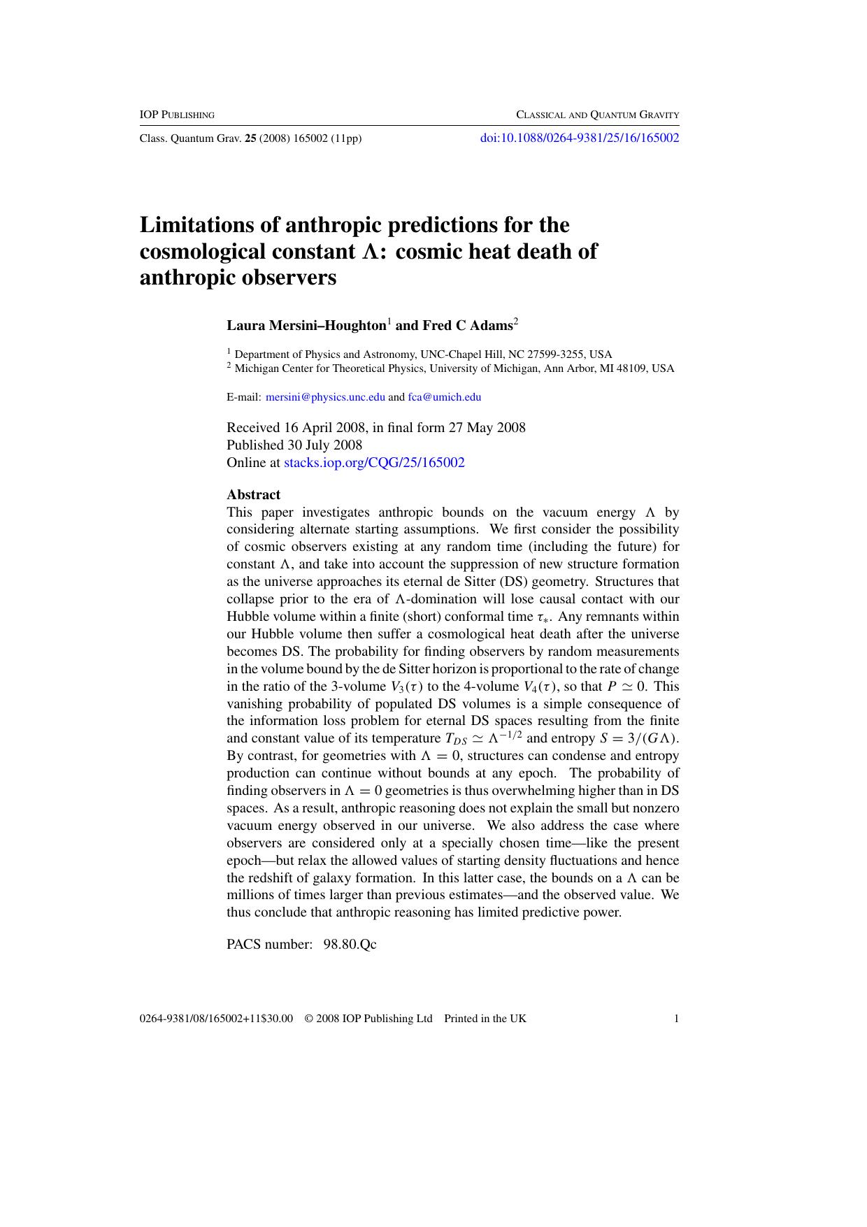Limitations of anthropic predictions for the cosmological constant by L Mersini--Houghton and F C Adams