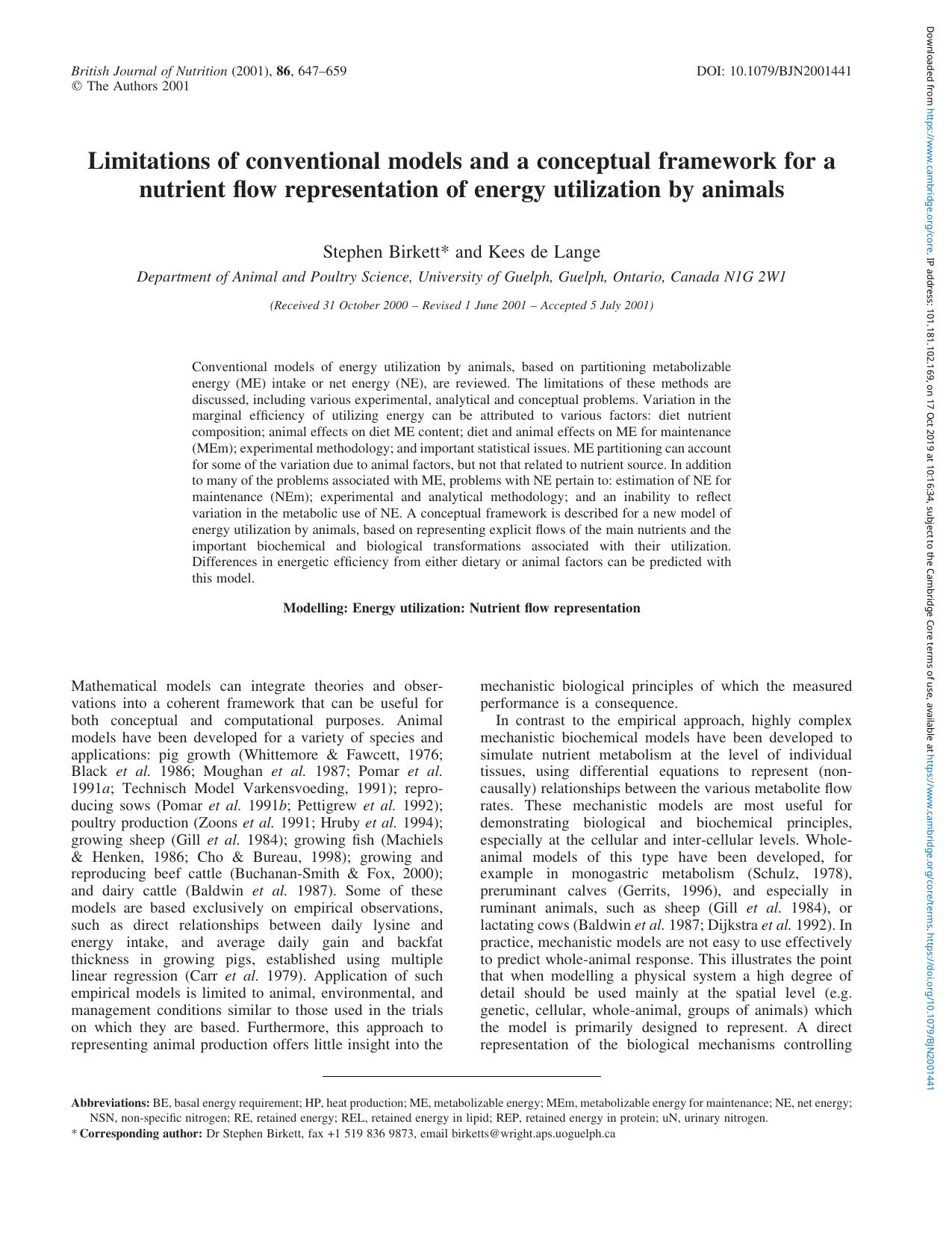 Limitations of conventional models and a conceptual framework for a nutrient flow representation of energy utilization by animals by Stephen Birkett Kees de Lange