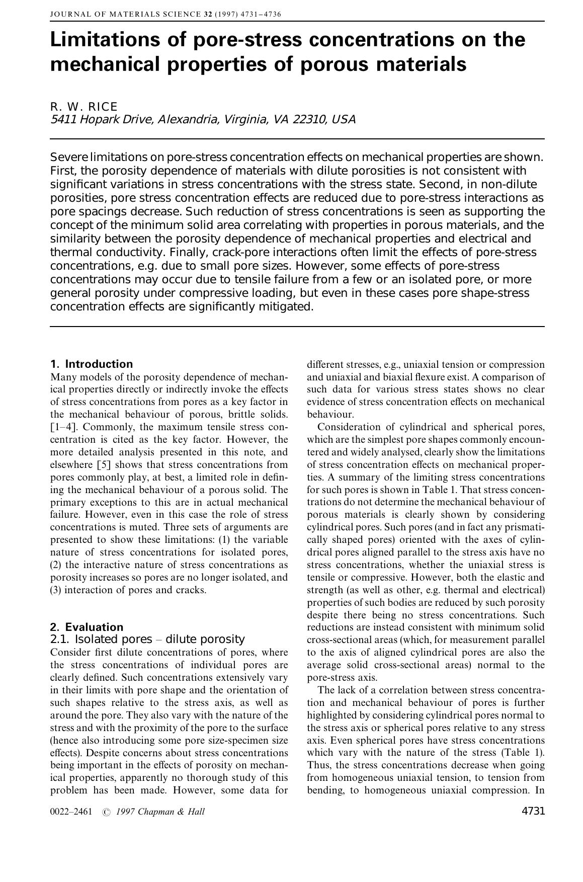Limitations of pore-stress concentrations on the mechanical properties of porous materials by Unknown