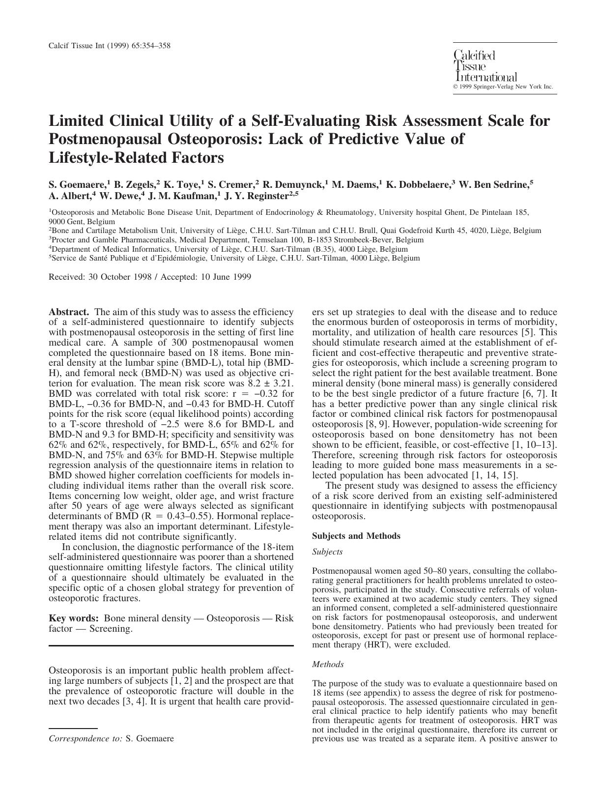 Limited Clinical Utility of a Self-Evaluating Risk Assessment Scale for Postmenopausal Osteoporosis: Lack of Predictive Value of Lifestyle-Related Factors by Goemaere S. et al