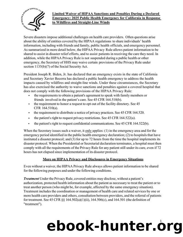 Limited Waiver of HIPAA Sanctions and Penalties During a Declared Emergency: 2025 Public Health Emergency for California in Response to Wildfires and Straight-Line Winds by HHS Office for Civil Rights