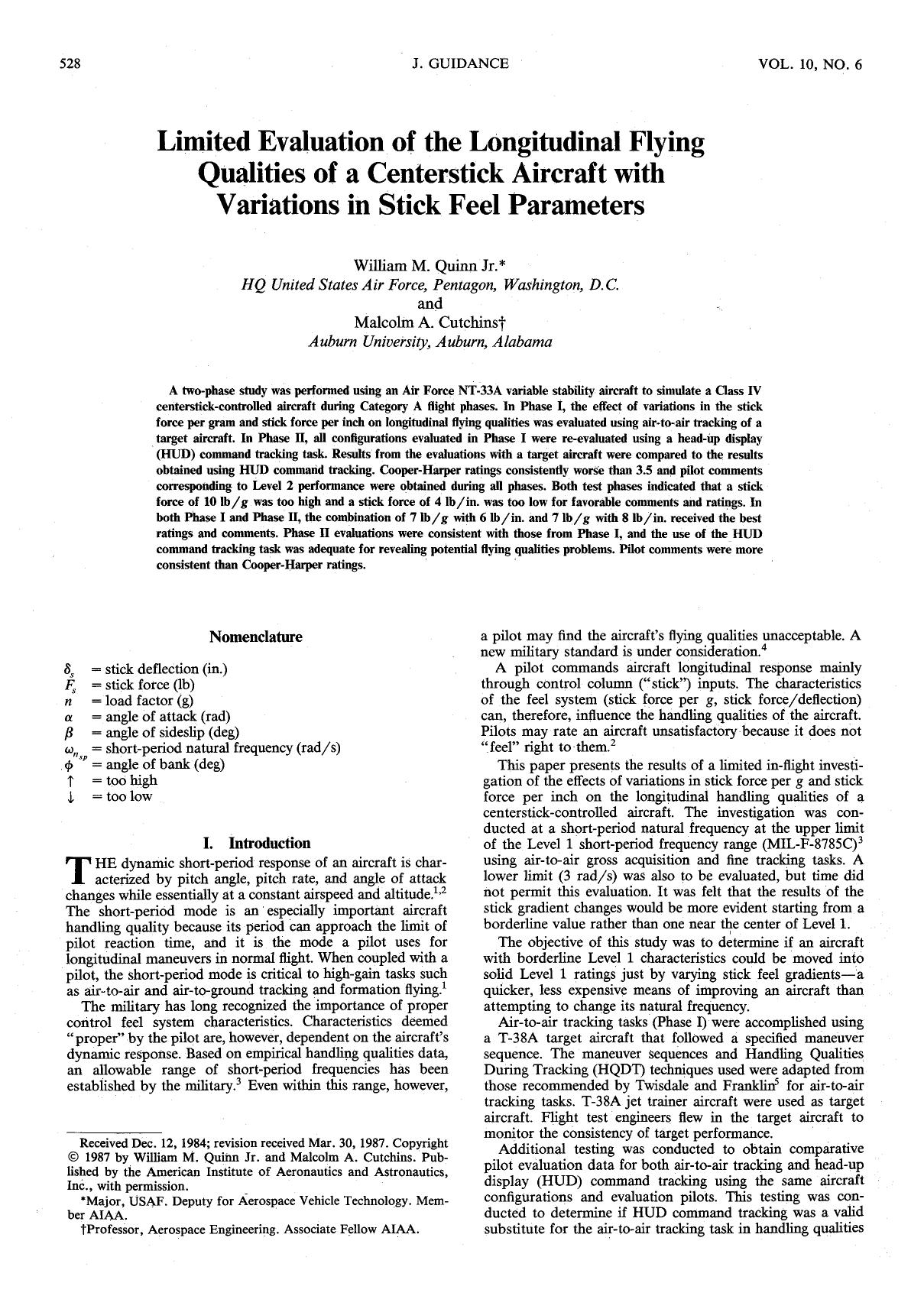 Limited evaluation of the longitudinal flying qualities of a centerstick aircraft with variations in stick feel parameters by Unknown