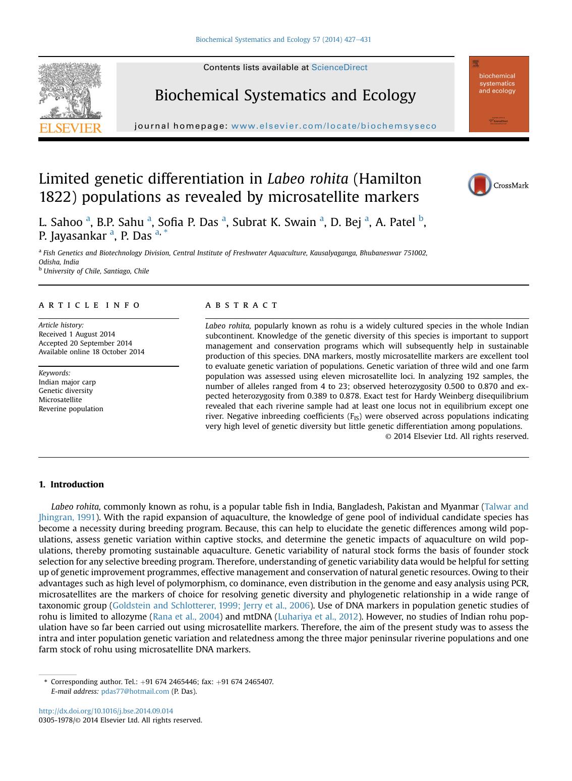 Limited genetic differentiation in Labeo rohita (Hamilton 1822) populations as revealed by microsatellite markers by L. Sahoo & B.P. Sahu & Sofia P. Das & Subrat K. Swain & D. Bej & A. Patel & P. Jayasankar & P. Das
