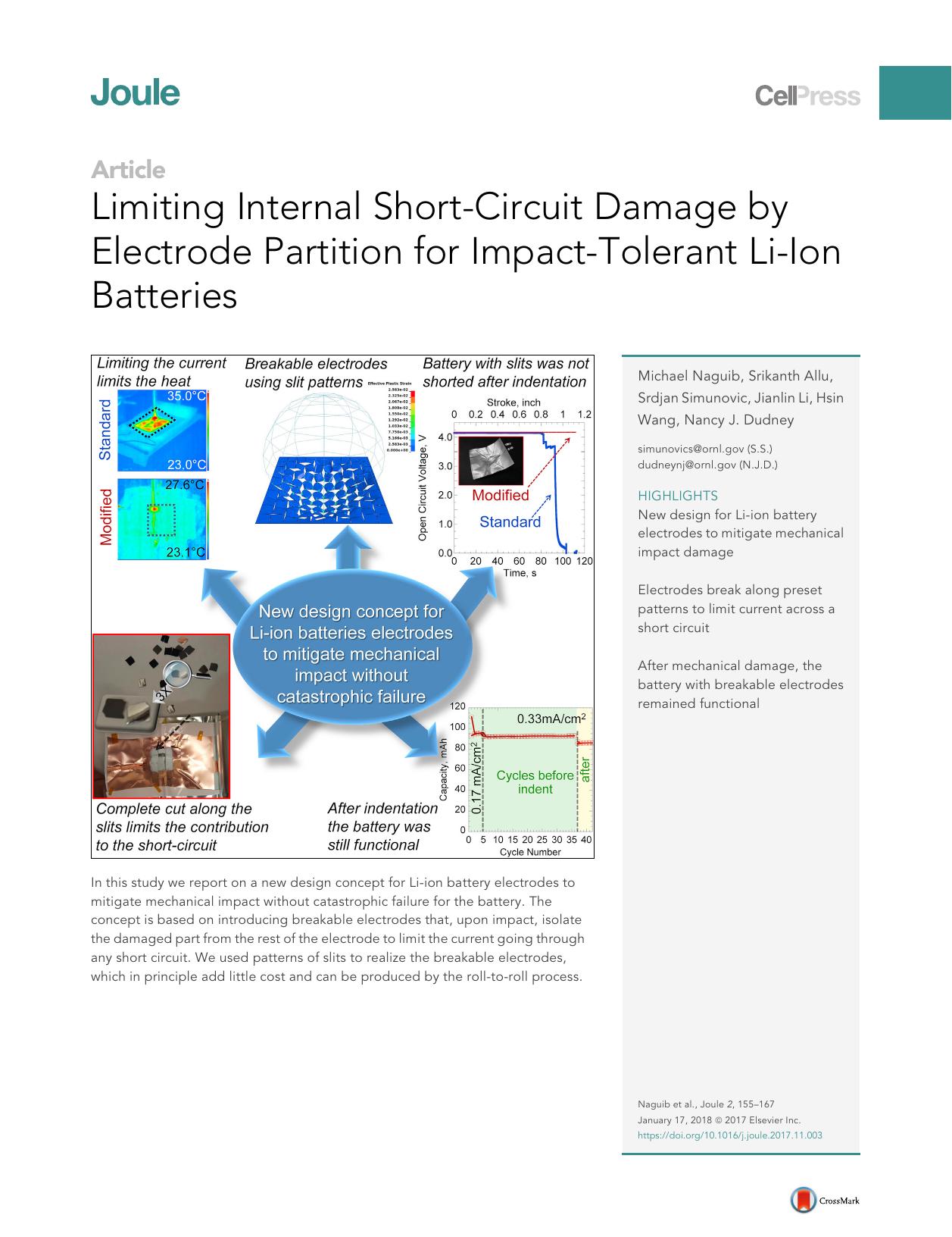 Limiting Internal Short-Circuit Damage by Electrode Partition for Impact-Tolerant Li-Ion Batteries by Michael Naguib & Srikanth Allu & Srdjan Simunovic & Jianlin Li & Hsin Wang & Nancy J. Dudney