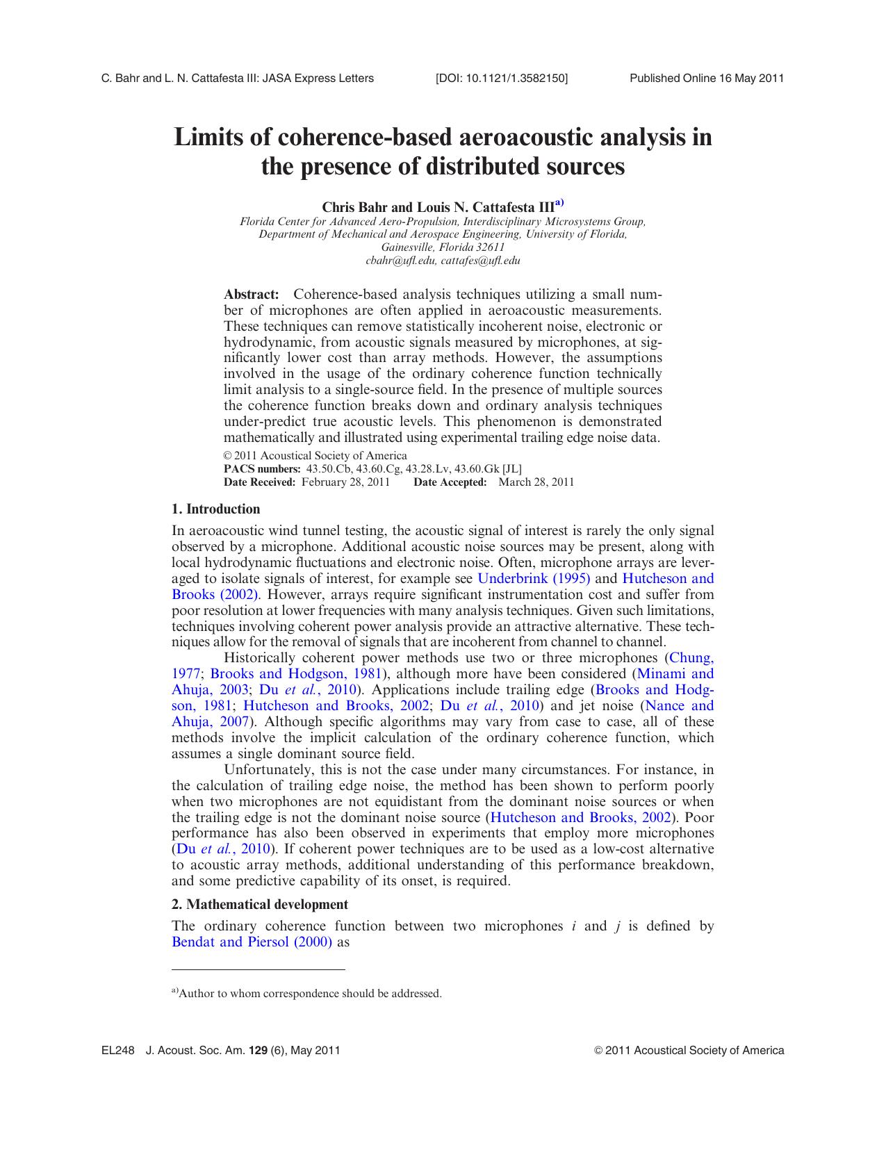 Limits of coherence-based aeroacoustic analysis in the presence of distributed sources by Chris Bahr and Louis N. Cattafesta III