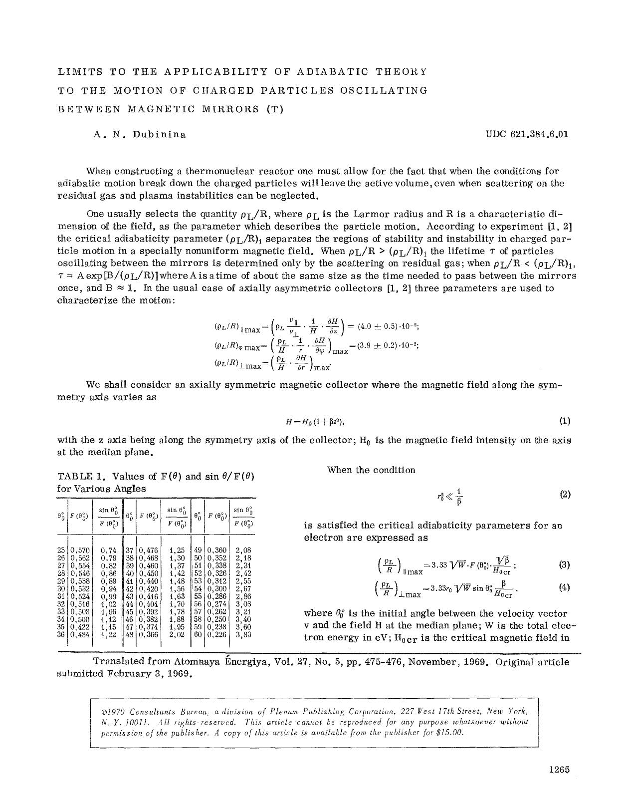 Limits to the applicability of adiabatic theory to the motion of charged particles oscillating between magnetic mirrors (T) by Unknown