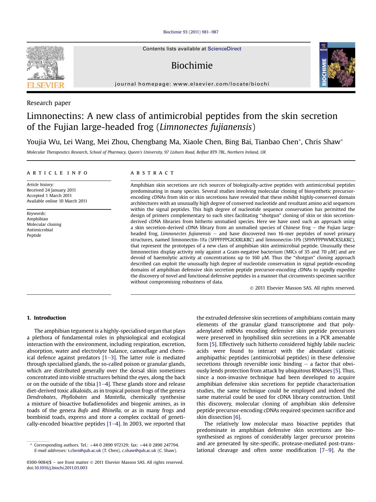 Limnonectins: A new class of antimicrobial peptides from the skin secretion of the Fujian large-headed frog (Limnonectes fujianensis) by Youjia Wu & Lei Wang & Mei Zhou & Chengbang Ma & Xiaole Chen & Bing Bai & Tianbao Chen & Chris Shaw