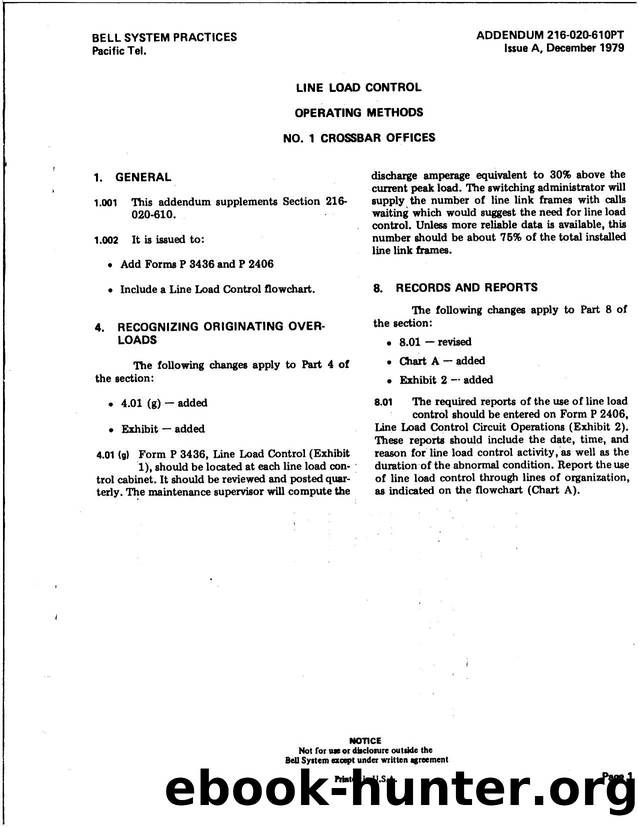 Line Load Control Operating Methods No. 1 Crossbar Offices by BELLCORE (PB) |