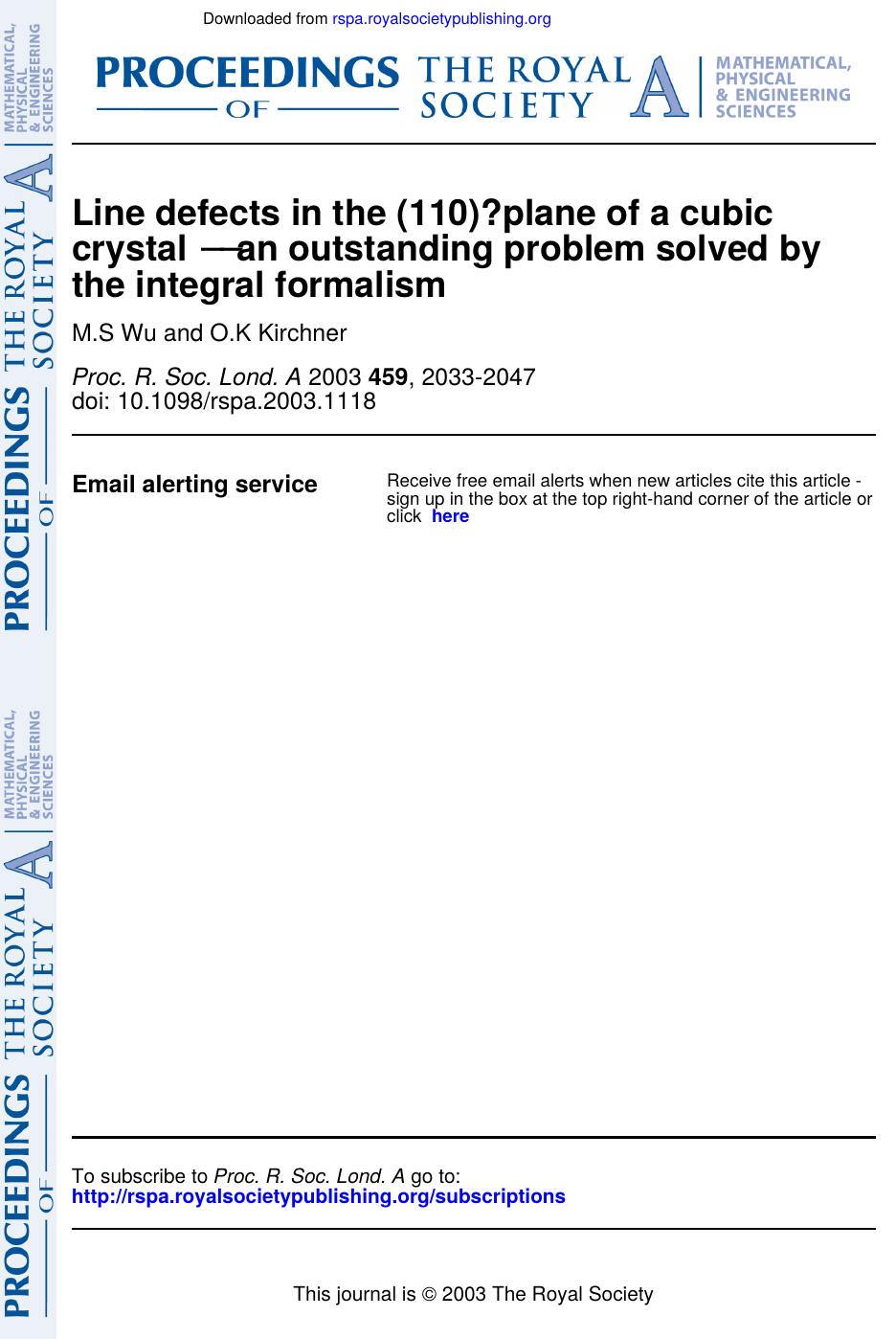 Line defects in the (110)-plane of a cubic crystal - an outstanding problem solved by the integral formalism by Unknown