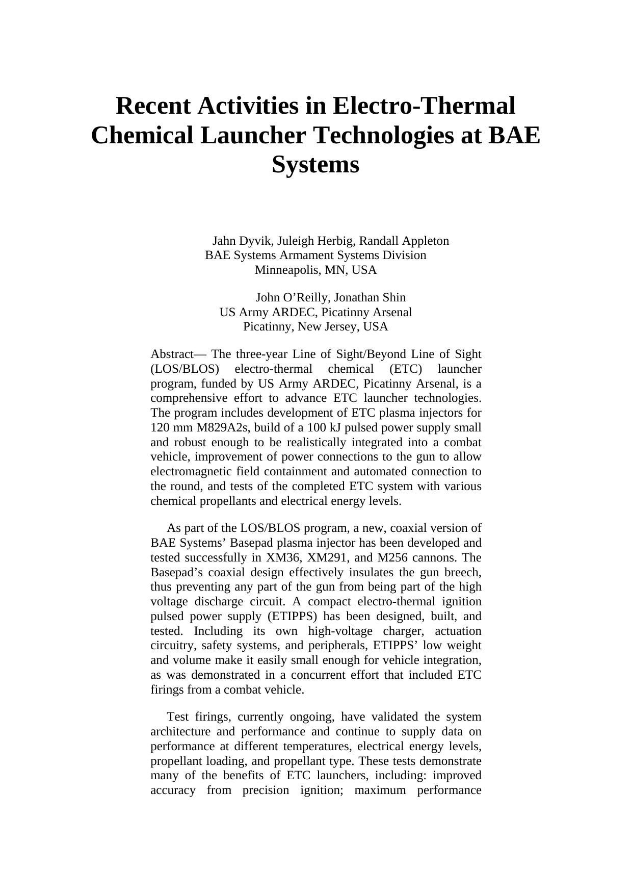 Line of Sight/Beyond Line of Sight (LOS/BLOS) electro-thermal chemical (ETC) by Dyvik Jahn Herbig Juleigh Appleton Randall O’Reilly John Shin Jonathan