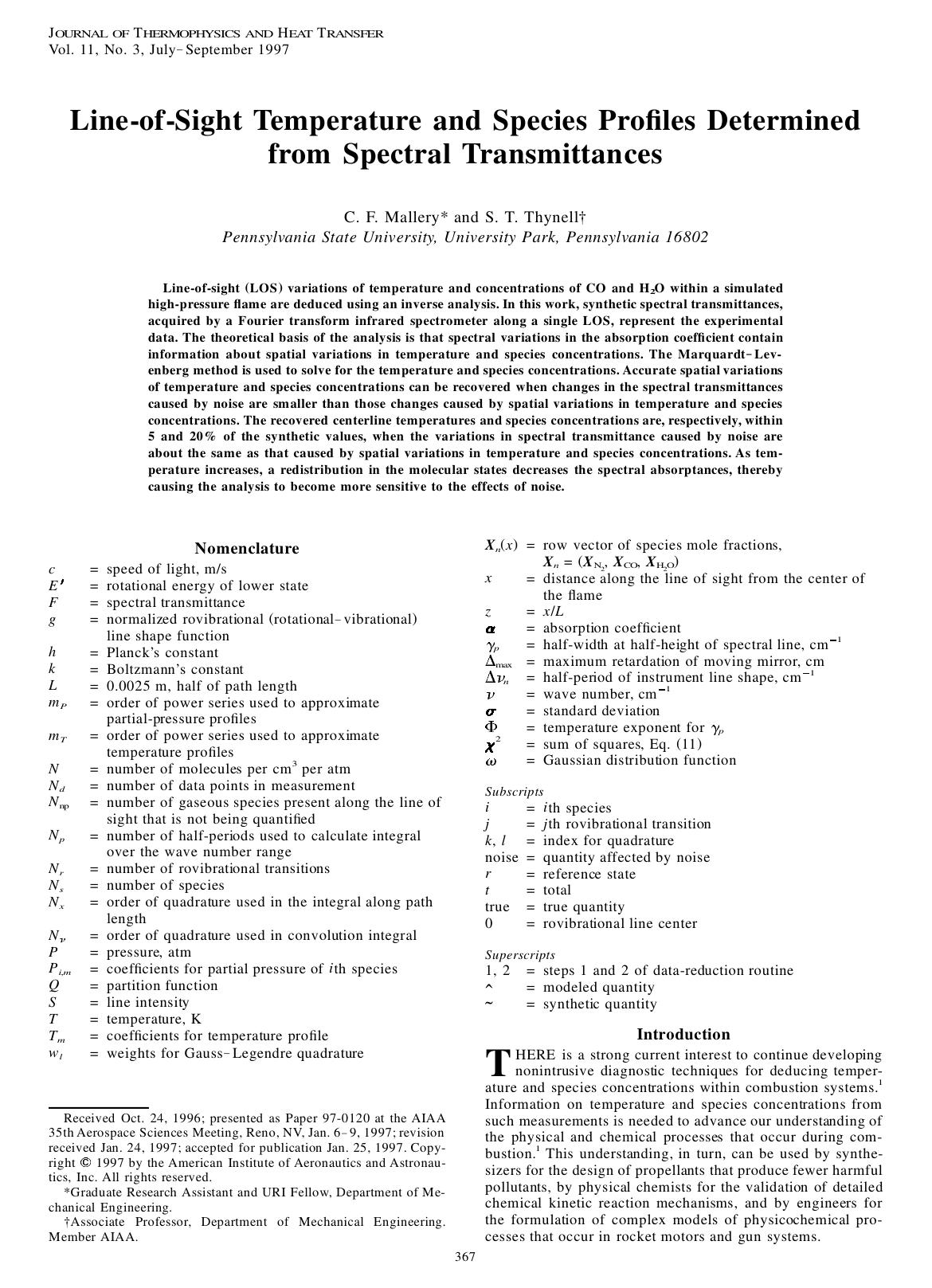 Line-of-Sight Temperature and Species Profiles Determined from Spectral Transmittances by Unknown