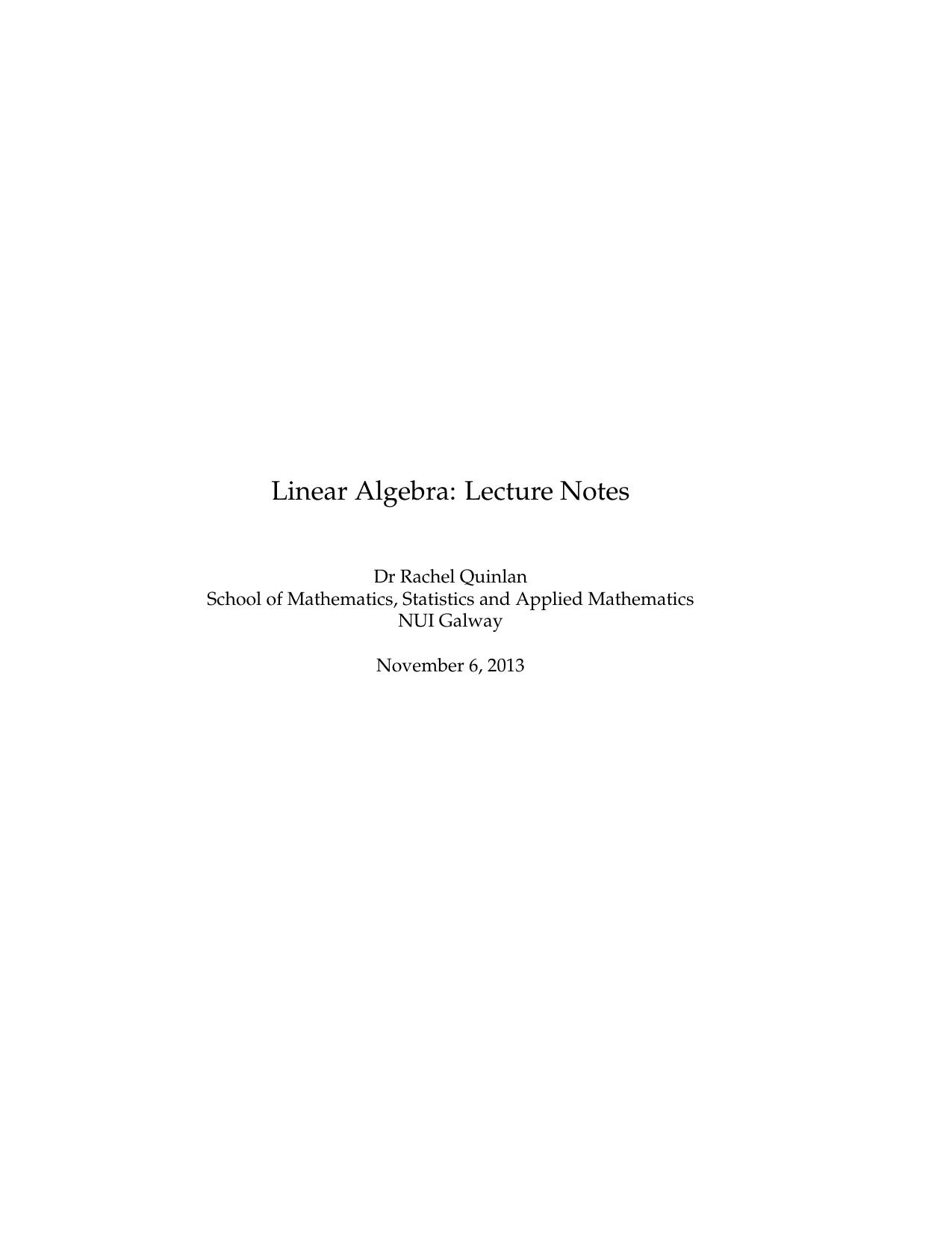 Linear Algebra: Lecture Notes by Rachel Quinlan