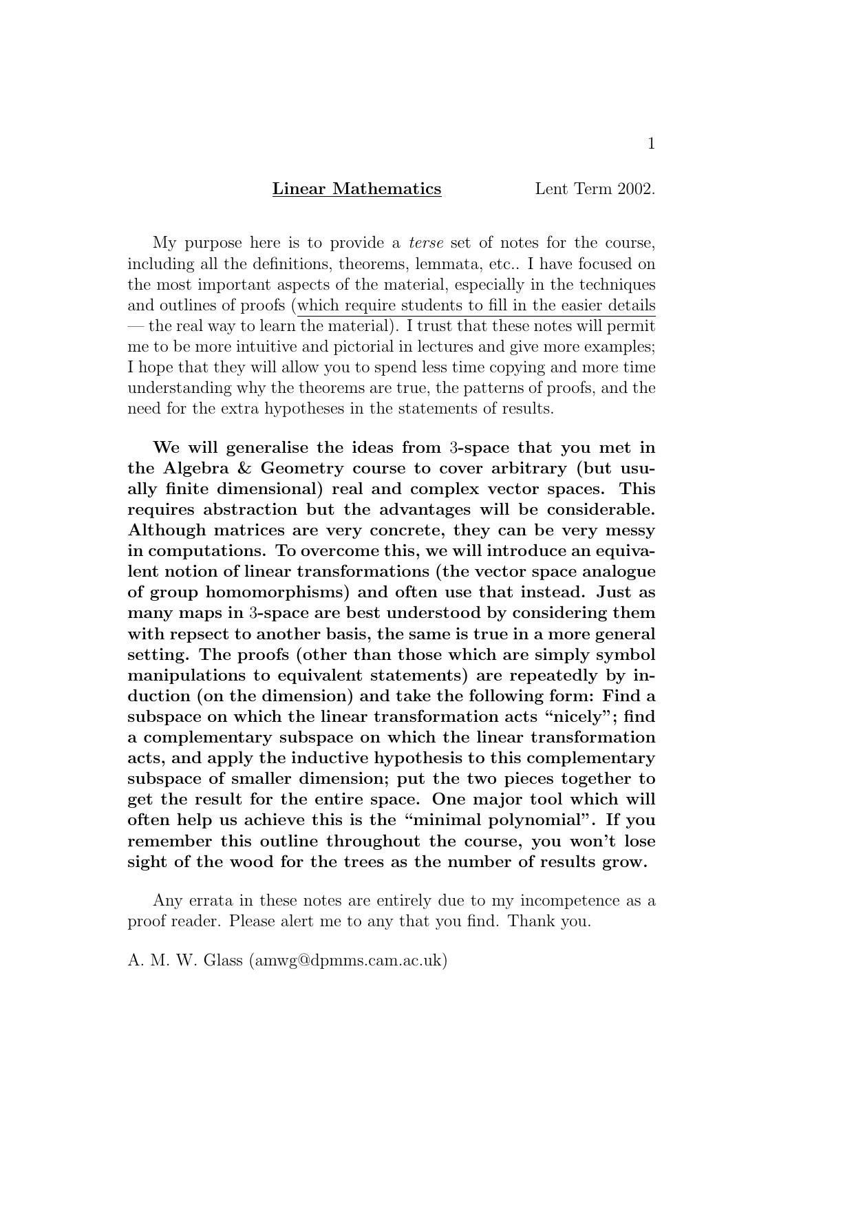 Linear Mathematics [Lecture notes] by A. M. W. Glass