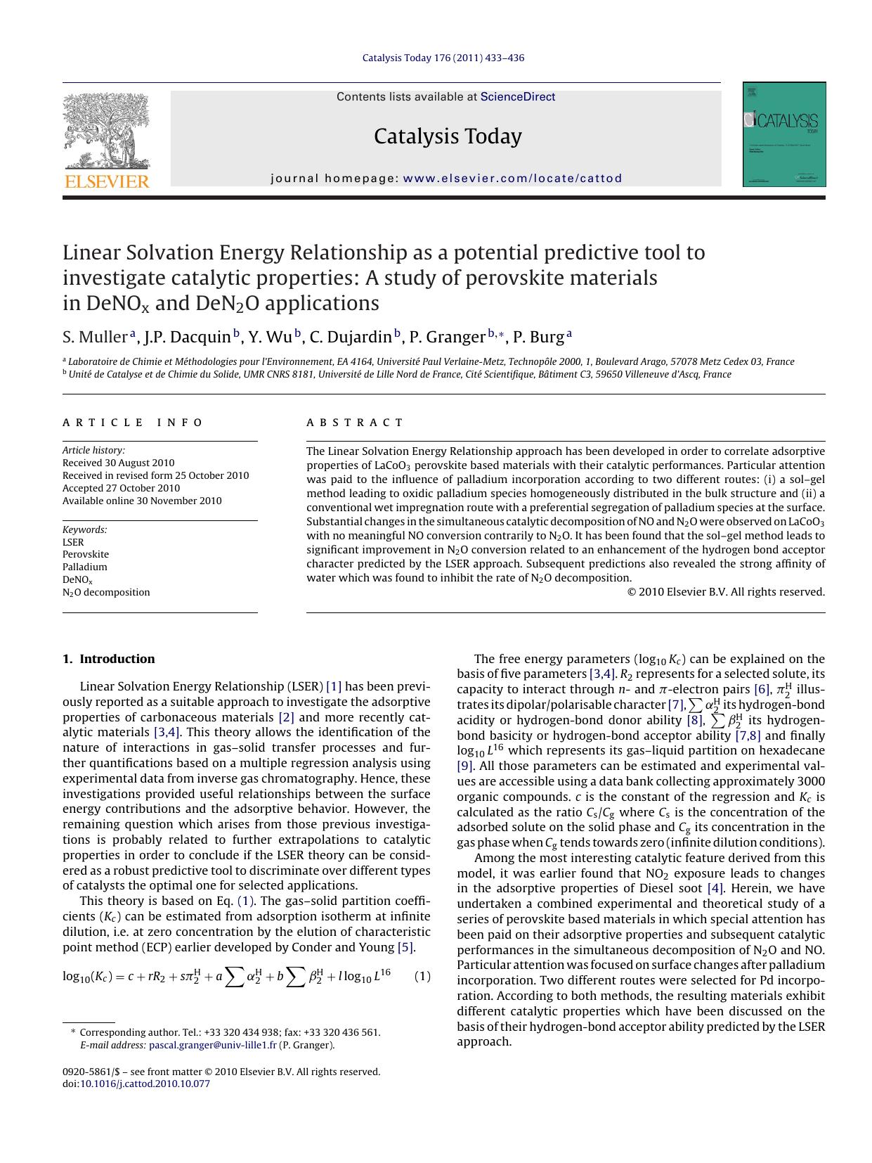 Linear Solvation Energy Relationship as a potential predictive tool to investigate catalytic properties: A study of perovskite materials in DeNOx and DeN2O applications by S. Muller