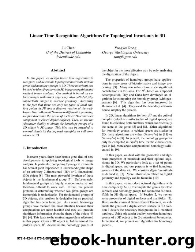 Linear Time Recognition Algorithms for Topological Invariants in 3D by 