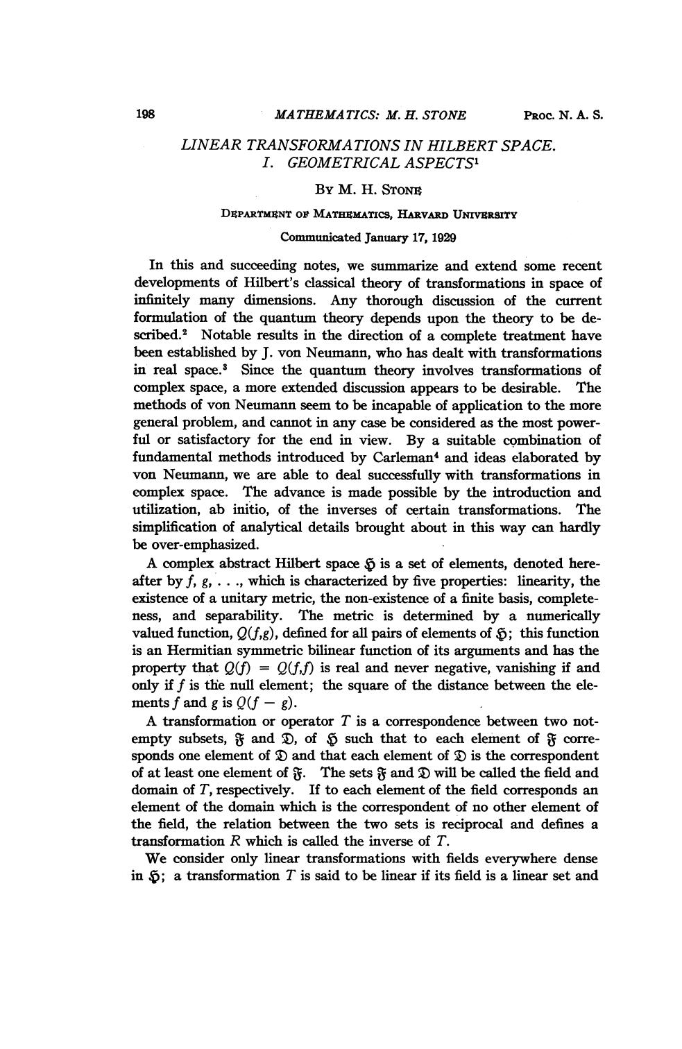 Linear Transformations in Hilbert Space. I. Geometrical Aspects by Stone M. H