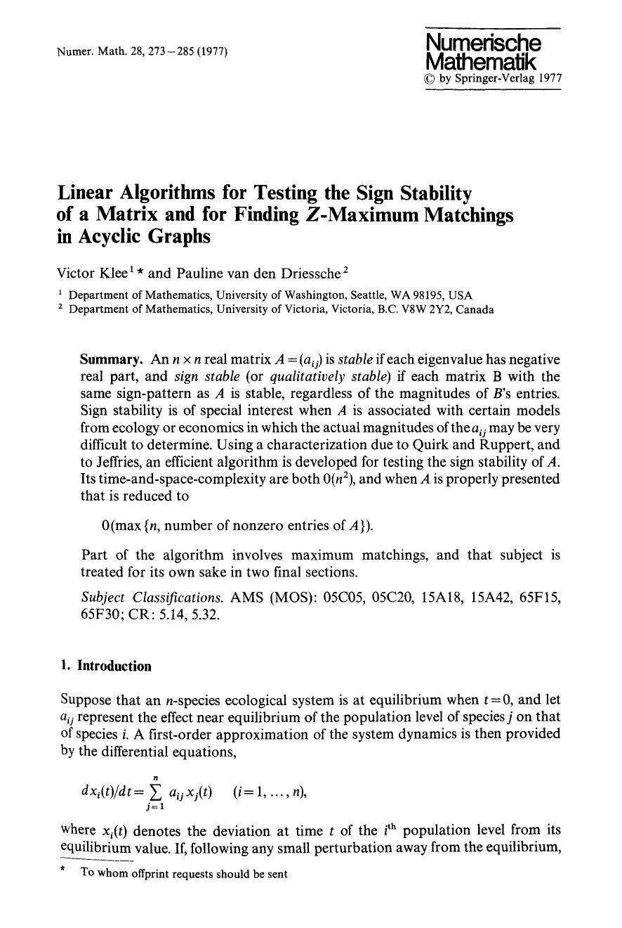 Linear algorithms for testing the sign stability of a matrix and for finding <Emphasis Type="Italic">Z <Emphasis>-maximum matchings in acyclic graphs by Unknown