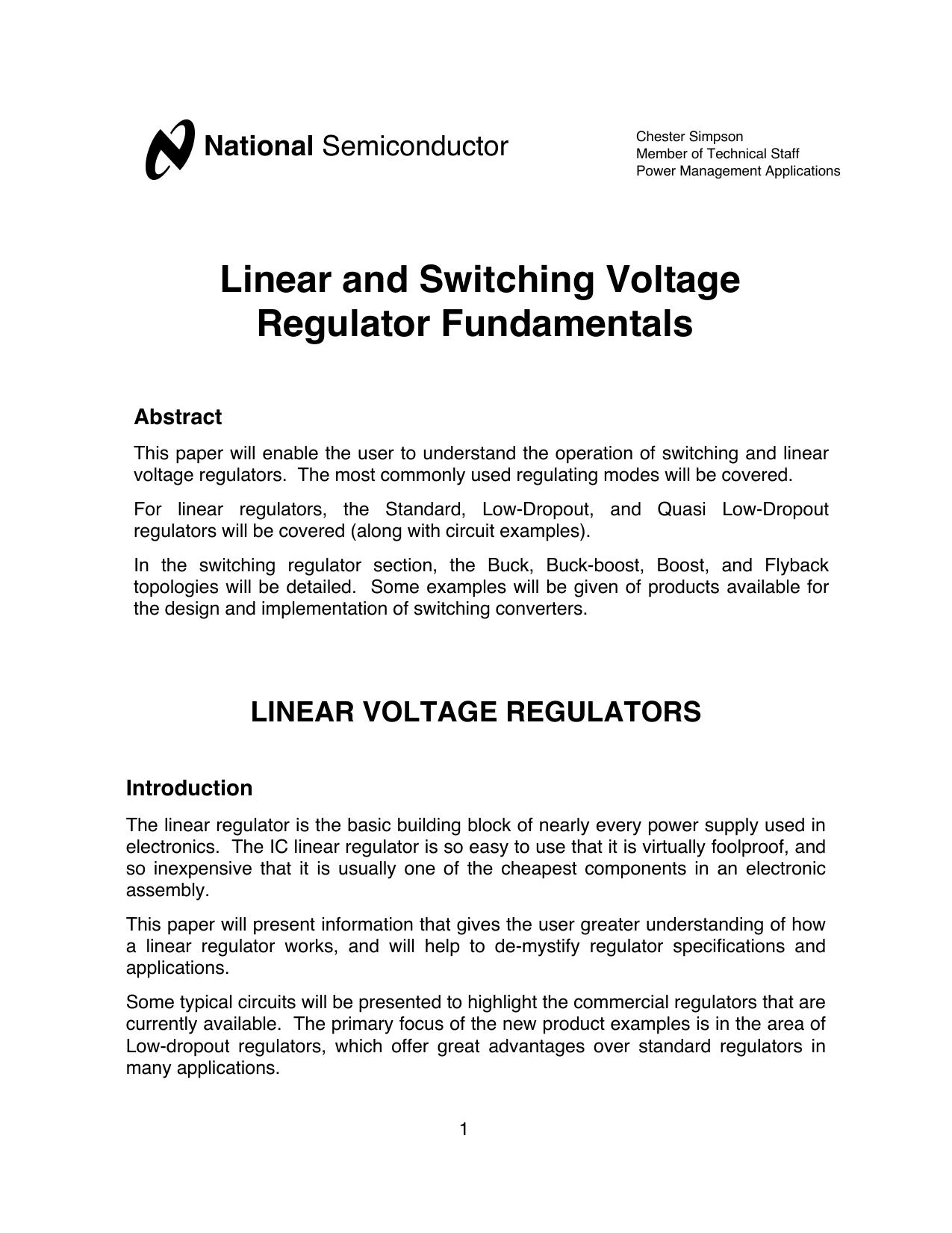 Linear and Switching Voltage Regulator Fundamentals National Semicond by Unknown