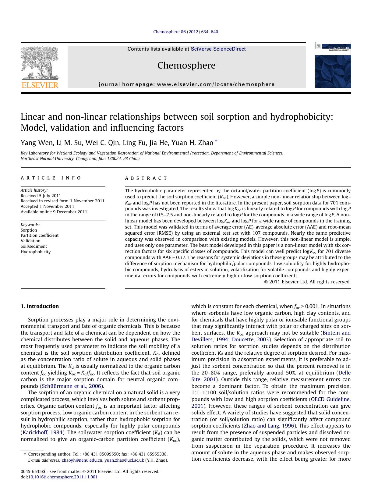 Linear and non-linear relationships between soil sorption and hydrophobicity: Model, validation and influencing factors by Yang Wen & Li M. Su & Wei C. Qin & Ling Fu & Jia He & Yuan H. Zhao