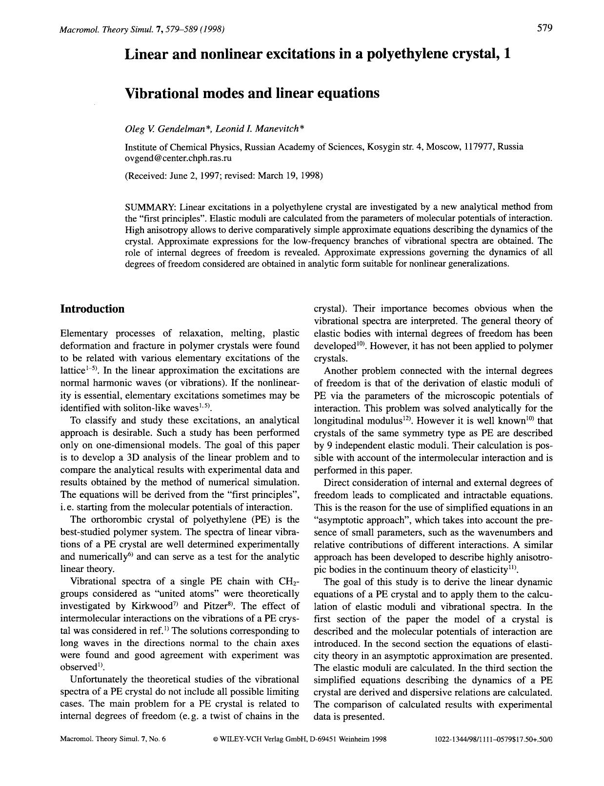 Linear and nonlinear excitations in a polyethylene crystal, 1. Vibrational modes and linear equations by Unknown
