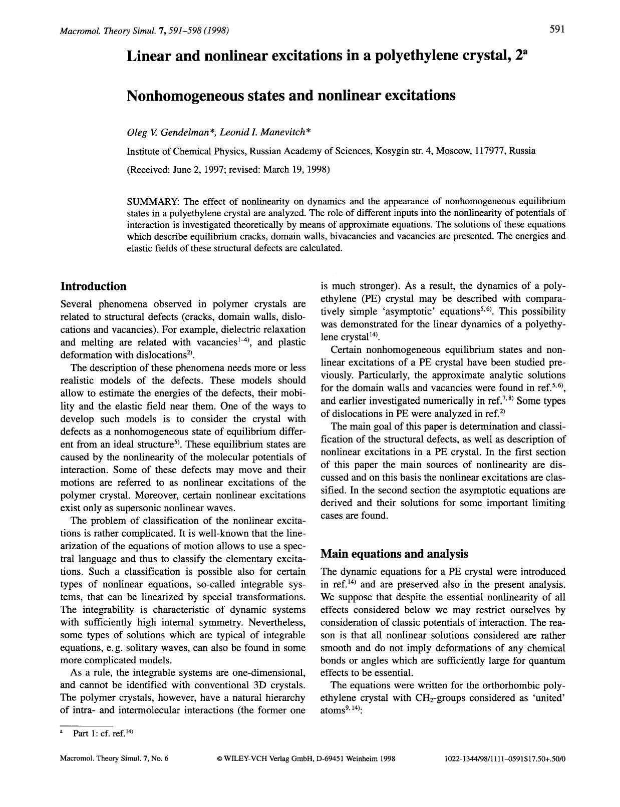 Linear and nonlinear excitations in a polyethylene crystal, 2. Nonhomogeneous states and nonlinear excitations by Unknown