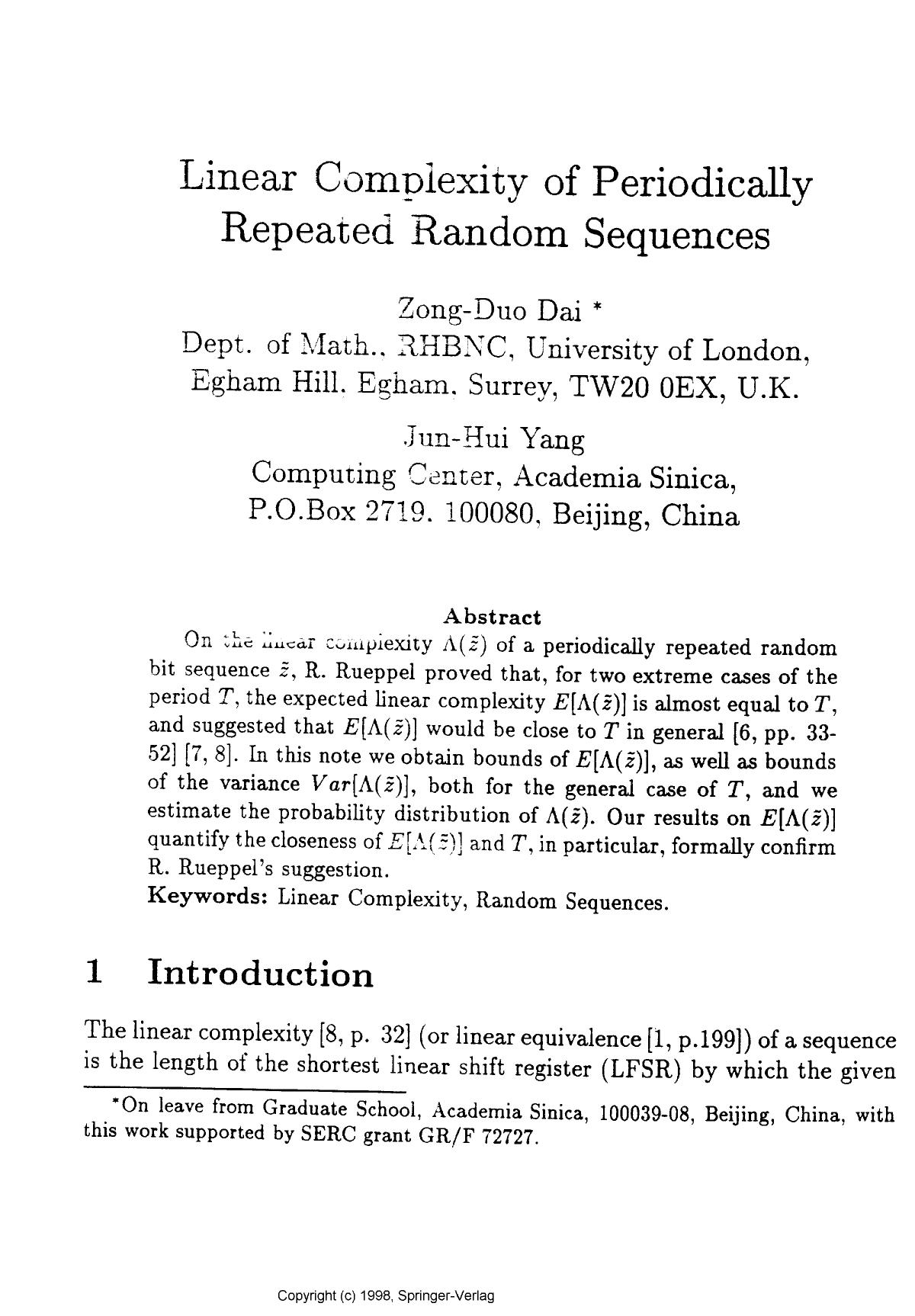 Linear complexity of periodically repeated random sequences by Dai Z. & Yang J.-H