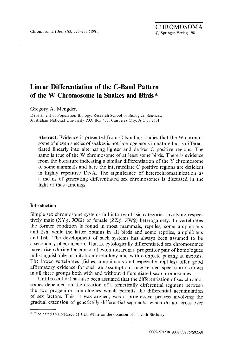Linear differentiation of the C-band pattern of the W chromosome in snakes and birds by Unknown