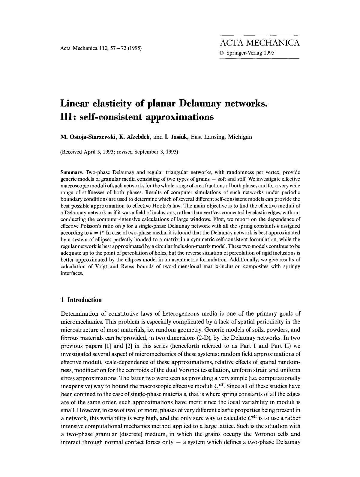 Linear elasticity of planar Delaunay networks. III: Self-consistent approximations by Unknown