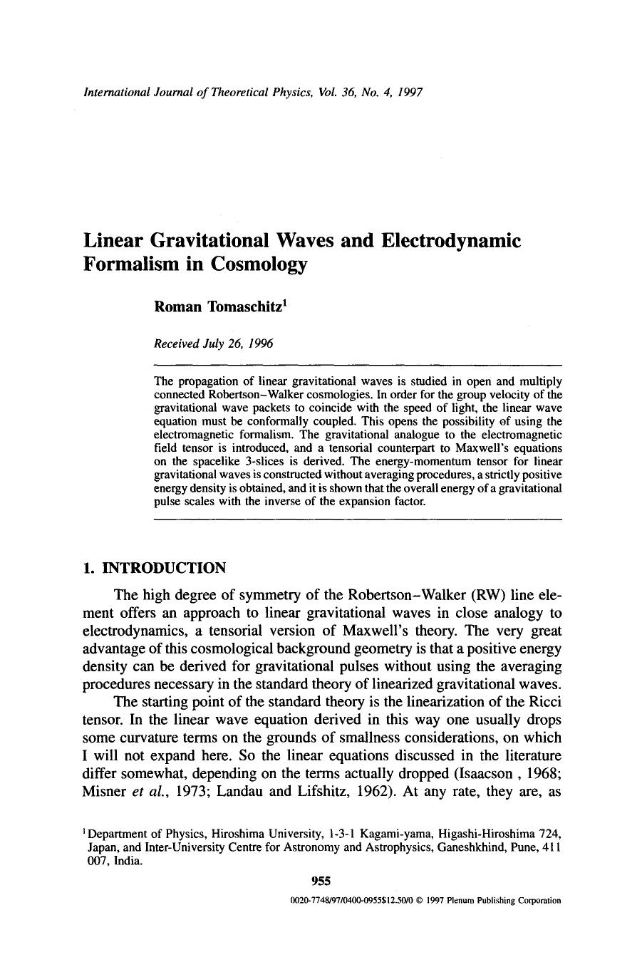 Linear gravitational waves and electrodynamic formalism in cosmology by Unknown