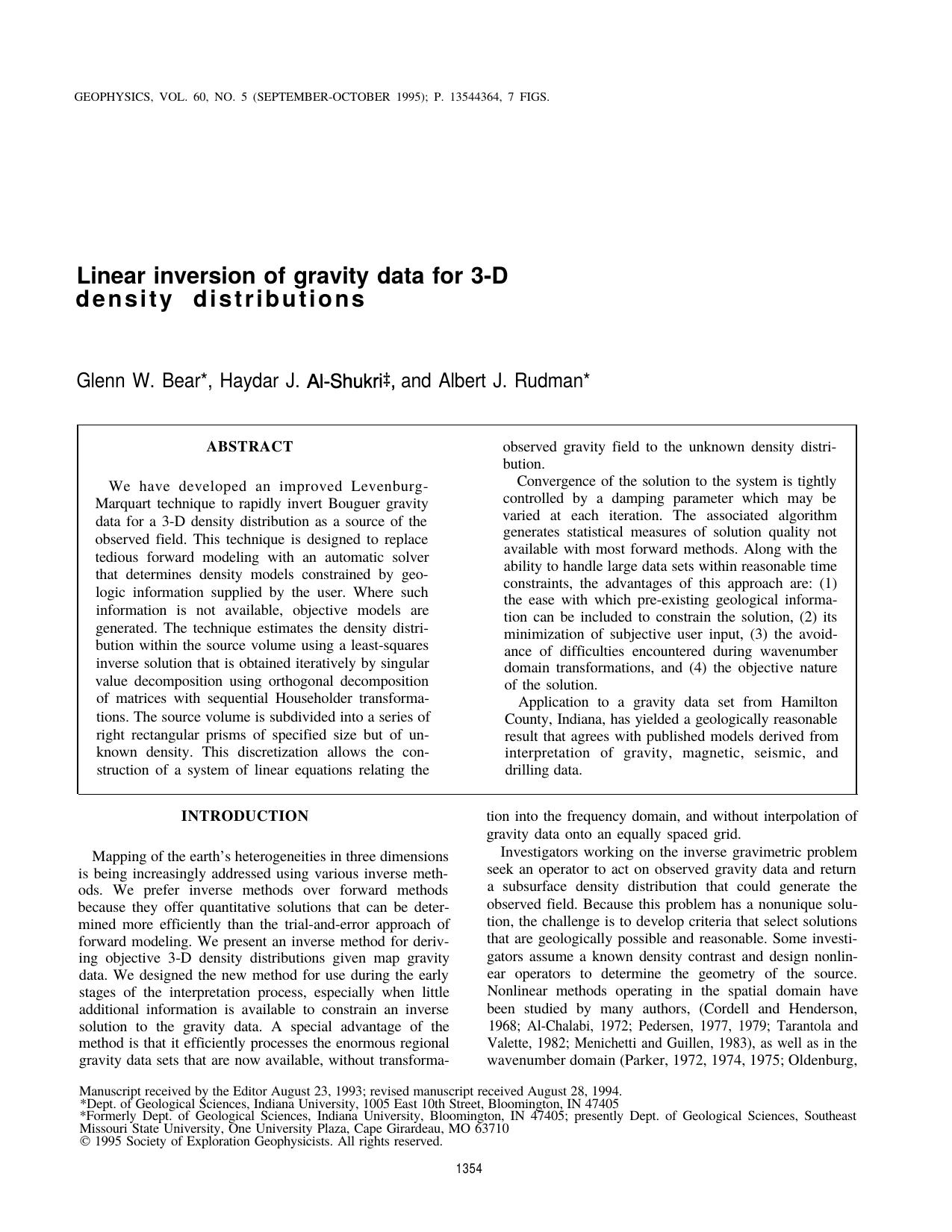 Linear inversion of gravity data for 3-D density distributions by A. J. Rudman G.W. Bear H.J. Al-Shukri