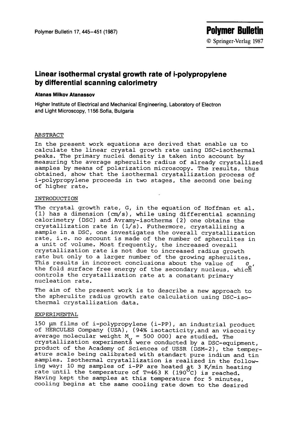 Linear isothermal crystal growth rate of i-polypropylene by differential scanning calorimetry by Unknown